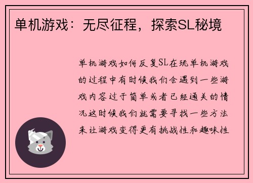 单机游戏：无尽征程，探索SL秘境